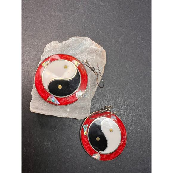 Vintage ALPACA MEXICO Silver MOP Abalone Yin Yang Drop Earrings - Picture 8 of 14